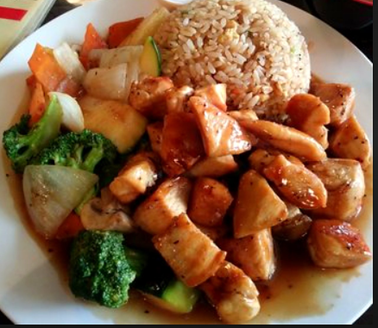Chicken with broccoli and fried rice